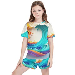 Tsunami Tidal Wave Wave Minimalist Ocean Sea 3 Kids  Tee And Sports Shorts Set