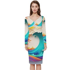 Tsunami Tidal Wave Wave Minimalist Ocean Sea 3 Long Sleeve V-Neck Bodycon Dress 