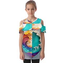 Tsunami Tidal Wave Wave Minimalist Ocean Sea 3 Fold Over Open Sleeve Top