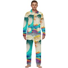 Tsunami Tidal Wave Wave Minimalist Ocean Sea 3 Men s Long Sleeve Velvet Pocket Pajamas Set