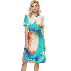 Tsunami Tidal Wave Wave Minimalist Ocean Sea 3 Button Top Knee Length Dress