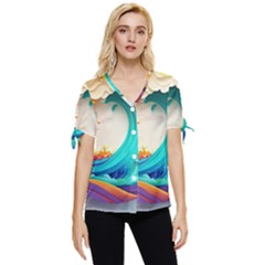 Tsunami Tidal Wave Wave Minimalist Ocean Sea 3 Bow Sleeve Button Up Top