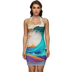 Tsunami Tidal Wave Wave Minimalist Ocean Sea 3 Sleeveless Wide Square Neckline Ruched Bodycon Dress