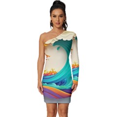 Tsunami Tidal Wave Wave Minimalist Ocean Sea 3 Long Sleeve One Shoulder Mini Dress