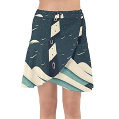 Lighthouse Abstract Ocean Sea Waves Water Blue Wrap Front Skirt by Pakemis