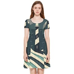 Lighthouse Abstract Ocean Sea Waves Water Blue Inside Out Cap Sleeve Dress
