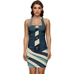 Lighthouse Abstract Ocean Sea Waves Water Blue Sleeveless Wide Square Neckline Ruched Bodycon Dress by Pakemis