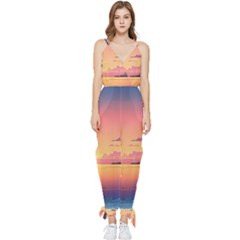 Sunset Ocean Beach Water Tropical Island Vacation 3 Sleeveless Tie Ankle Chiffon Jumpsuit