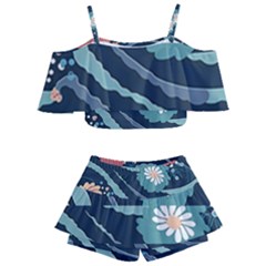 Waves Flowers Pattern Water Floral Minimalist Kids  Off Shoulder Skirt Bikini by Pakemis