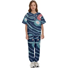 Waves Flowers Pattern Water Floral Minimalist Kids  Tee And Pants Sports Set by Pakemis