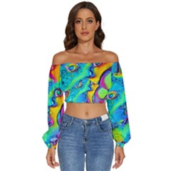 Marble Art Pattern Long Sleeve Crinkled Weave Crop Top