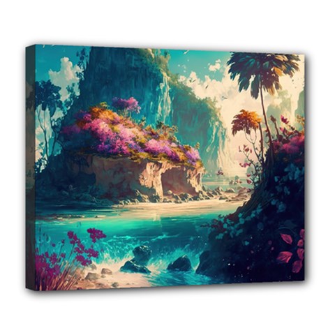 Tropical Island Fantasy Landscape Palm Trees Ocean Deluxe Canvas 24  X 20  (stretched) by Pakemis