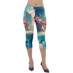 Tropical Island Fantasy Landscape Palm Trees Ocean Lightweight Velour Capri Leggings  by Pakemis