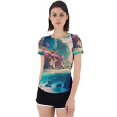Tropical Island Fantasy Landscape Palm Trees Ocean Back Cut Out Sport Tee by Pakemis
