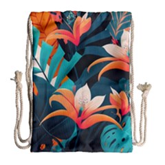Tropical Flowers Floral Floral Pattern Patterns Drawstring Bag (large) by Pakemis