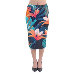 Tropical Flowers Floral Floral Pattern Patterns Velvet Midi Pencil Skirt by Pakemis