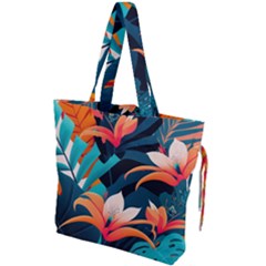 Tropical Flowers Floral Floral Pattern Patterns Drawstring Tote Bag by Pakemis