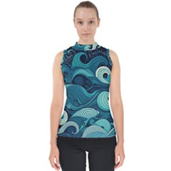 Waves Ocean Sea Abstract Whimsical Abstract Art Mock Neck Shell Top