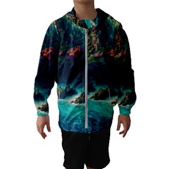 Tropical Island Paradise Ocean Sea Palm Trees Kids  Hooded Windbreaker by Pakemis