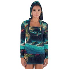 Tropical Island Paradise Ocean Sea Palm Trees Long Sleeve Hooded T-shirt by Pakemis