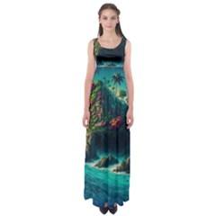 Tropical Island Paradise Ocean Sea Palm Trees Empire Waist Maxi Dress by Pakemis