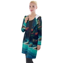 Tropical Island Paradise Ocean Sea Palm Trees Hooded Pocket Cardigan by Pakemis