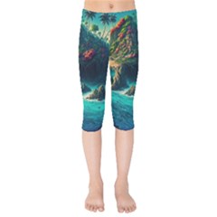 Tropical Island Paradise Ocean Sea Palm Trees Kids  Capri Leggings 