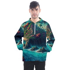 Tropical Island Paradise Ocean Sea Palm Trees Men s Half Zip Pullover by Pakemis