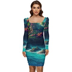 Tropical Island Paradise Ocean Sea Palm Trees Women Long Sleeve Ruched Stretch Jersey Dress by Pakemis