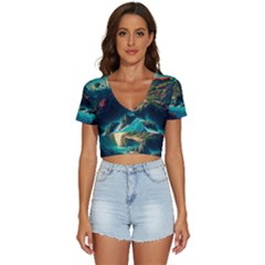 Tropical Island Paradise Ocean Sea Palm Trees V-neck Crop Top by Pakemis