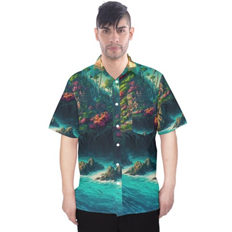 Tropical Island Paradise Ocean Sea Palm Trees Men s Hawaii Shirt by Pakemis