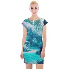 Landscape Nature Digital Art Palm Trees Paradise Cap Sleeve Bodycon Dress by Pakemis