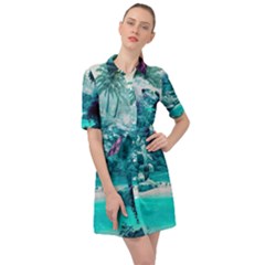 Landscape Nature Digital Art Palm Trees Paradise Belted Shirt Dress by Pakemis