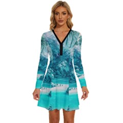 Landscape Nature Digital Art Palm Trees Paradise Long Sleeve Deep V Mini Dress  by Pakemis