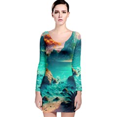 Tropical Paradise Beach Ocean Shore Sea Fantasy Long Sleeve Bodycon Dress