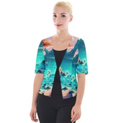 Tropical Paradise Beach Ocean Shore Sea Fantasy Cropped Button Cardigan by Pakemis