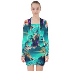 Tropical Paradise Beach Ocean Shore Sea Fantasy V-neck Bodycon Long Sleeve Dress by Pakemis