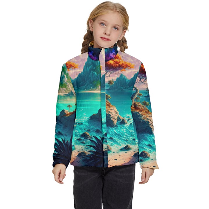 Tropical Paradise Beach Ocean Shore Sea Fantasy Kids  Puffer Bubble Jacket Coat