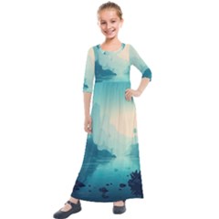 Ai Generated River Forest Woods Outdoors Kids  Quarter Sleeve Maxi Dress by Pakemis