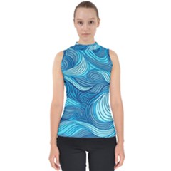 Ocean Waves Sea Abstract Pattern Water Blue Mock Neck Shell Top