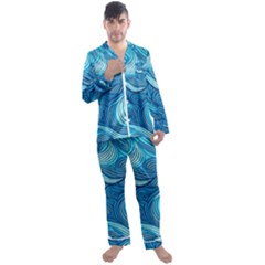 Ocean Waves Sea Abstract Pattern Water Blue Men s Long Sleeve Satin Pajamas Set