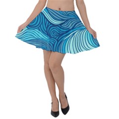 Ocean Waves Sea Abstract Pattern Water Blue Velvet Skater Skirt by Pakemis