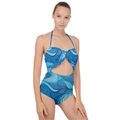 Ocean Waves Sea Abstract Pattern Water Blue Scallop Top Cut Out Swimsuit