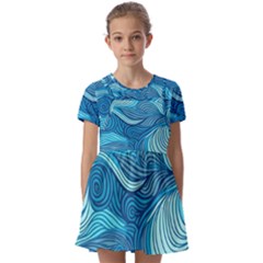 Ocean Waves Sea Abstract Pattern Water Blue Kids  Short Sleeve Pinafore Style Dress