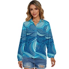 Ocean Waves Sea Abstract Pattern Water Blue Women s Long Sleeve Button Down Shirt