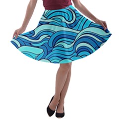 Pattern Ocean Waves Blue Nature Sea Abstract A-line Skater Skirt by Pakemis