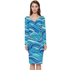 Pattern Ocean Waves Blue Nature Sea Abstract Long Sleeve V-neck Bodycon Dress  by Pakemis