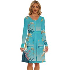 Beach Ocean Flowers Floral Plants Vacation Long Sleeve Dress With Pocket