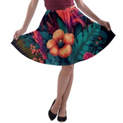 Tropical Flowers Floral Floral Pattern Pattern A-line Skater Skirt by Pakemis