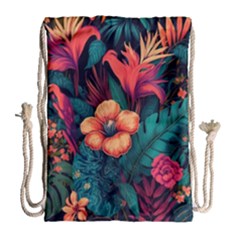 Tropical Flowers Floral Floral Pattern Pattern Drawstring Bag (large) by Pakemis